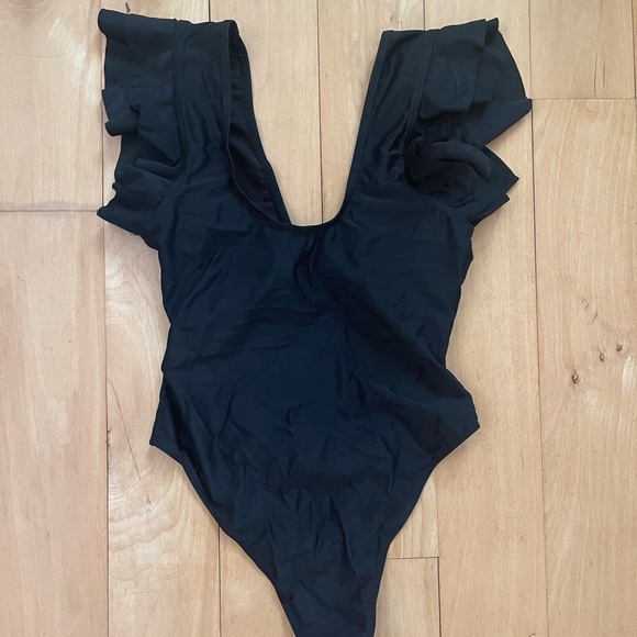 SHEIN | NWOT | Black Ruffled Shoulder Cut Out Once Piece Swim Suit - Picture 5 of 8